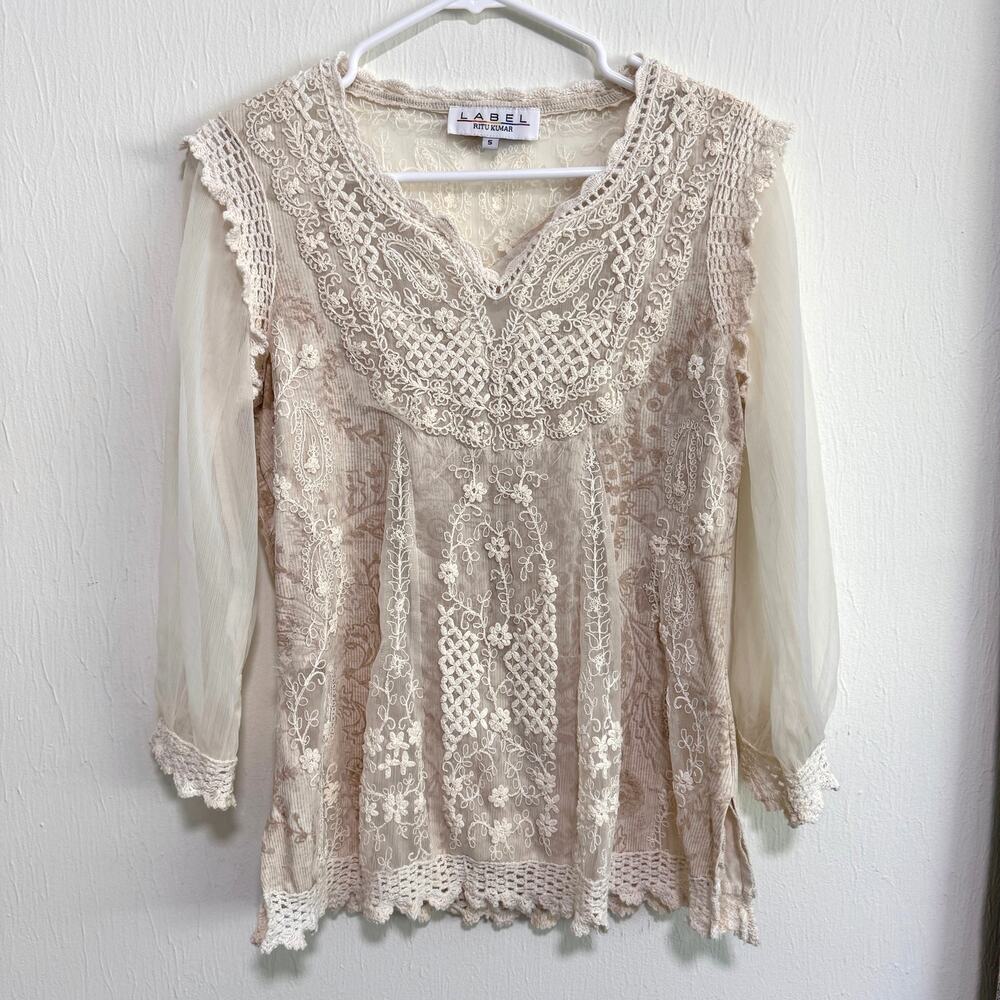 Ritu Kumar Floral Crochet Top 5 Cream Sheer Mixed Media Cottage Boho Puff Sleeve